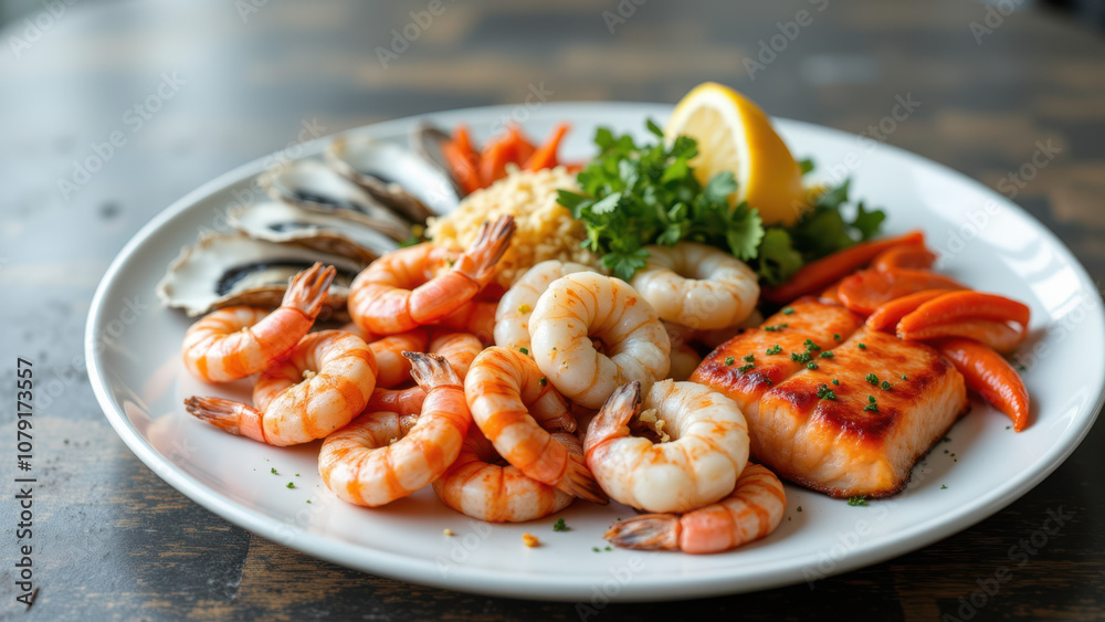 Plate of food including shrimp, salmon, vegetables, and herbs with a focus on meat-based elements for those following a carnivore diet. Plate of food including shrimp, salmon, vegetables, and herbs with a focus on meat-based elements for those following a carnivore diet.