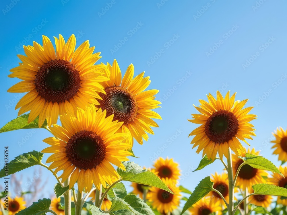 Obraz premium Autumn background with vibrant sunflowers in full bloom against a clear blue sky, outdoors