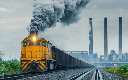 A cargo train loaded with raw materials leaves a steel plant, passing through an industrial zone under a gray sky