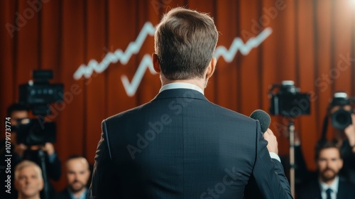 A CEO announces record-breaking profits at a press conference, cameras flashing as charts are displayed photo