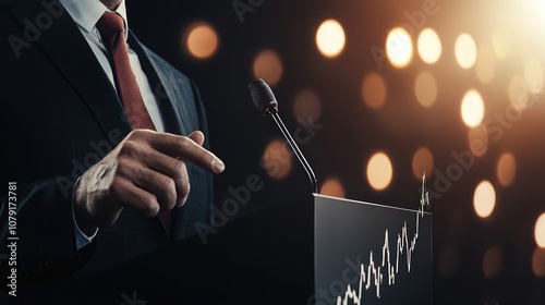 A CEO announces record-breaking profits at a press conference, cameras flashing as charts are displayed photo