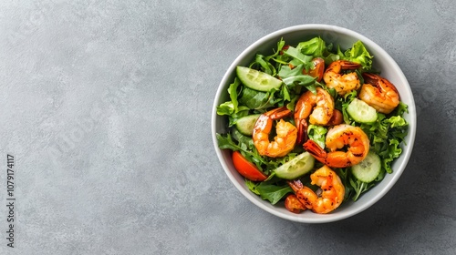 Vibrant Thai Salad with Grilled Shrimp and Fresh Greens - Aerial View of Colorful and Tasty Dish