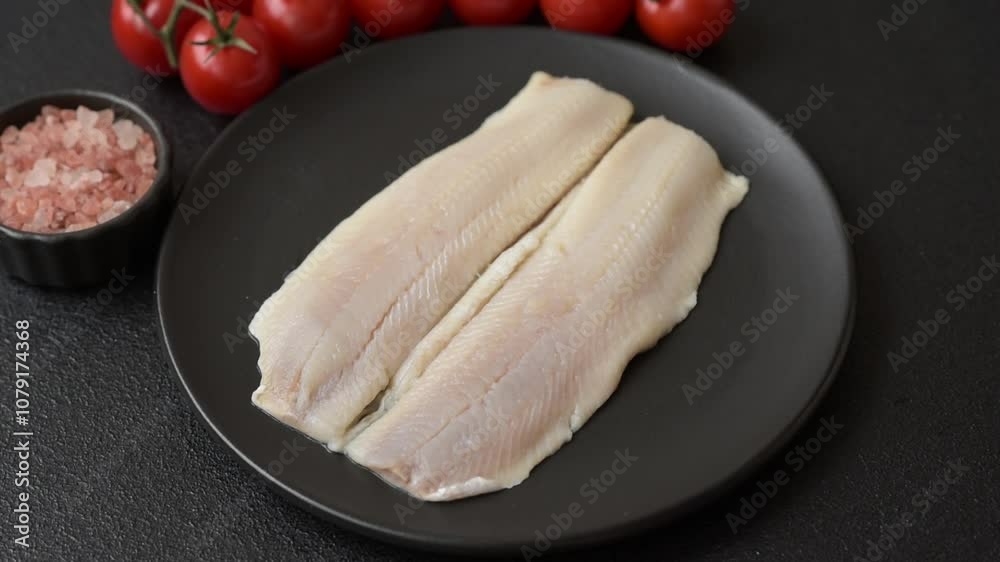 Herring fillet salted and marinated with salt, spices and oil on a dark concrete background Herring fillet salted and marinated with salt, spices and oil on a dark concrete background
