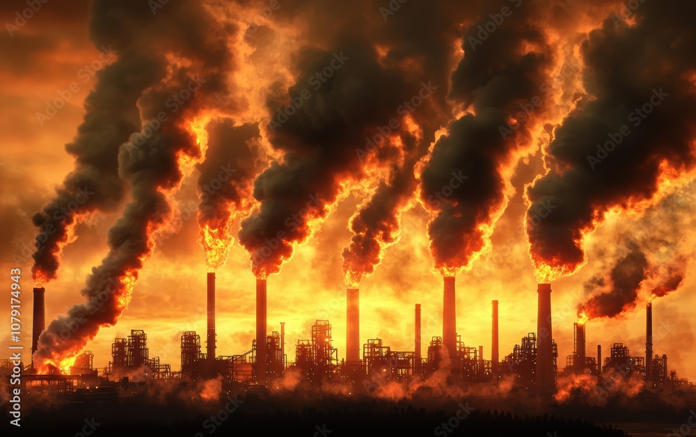 Obraz premium A panoramic view of a steel mill, glowing orange from molten metal and billowing smoke stacks
