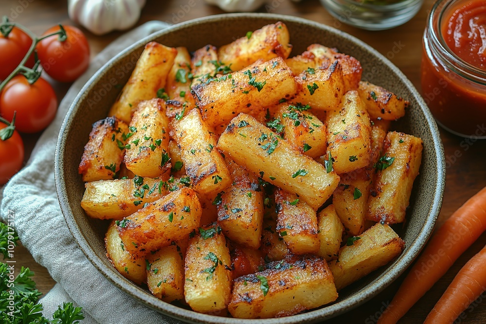 Crispy potato wedges seasoned with herbs, a delicious side dish for any meal. Crispy potato wedges seasoned with herbs, a delicious side dish for any meal.