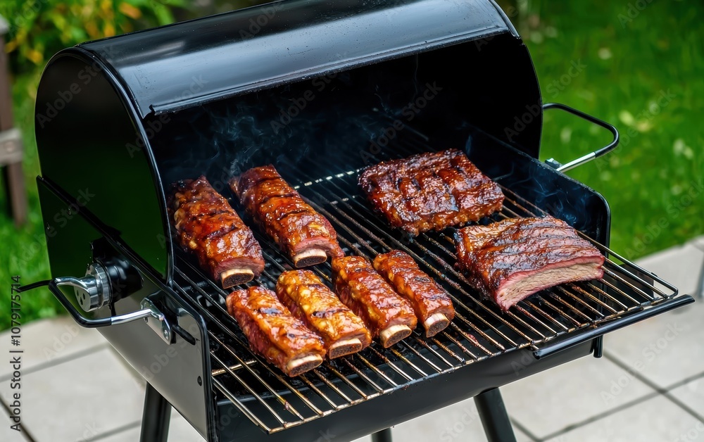 A barbecue pitmaster tends to smoking ribs and brisket on a large grill, the scent of wood-fired meat filling the air A barbecue pitmaster tends to smoking ribs and brisket on a large grill, the scent of wood-fired meat filling the air
