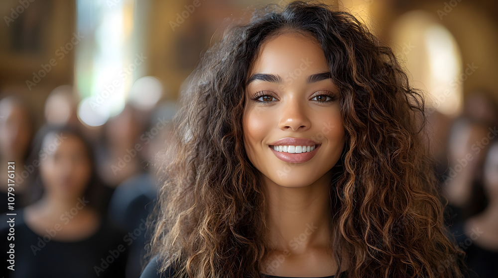 A portrait of an attractive young Black woman with long, curly hair, exuding confidence and elegance. Her natural beauty is highlighted in this close-up shot, showcasing her radiant skin and vibrant e A portrait of an attractive young Black woman with long, curly hair, exuding confidence and elegance. Her natural beauty is highlighted in this close-up shot, showcasing her radiant skin and vibrant e