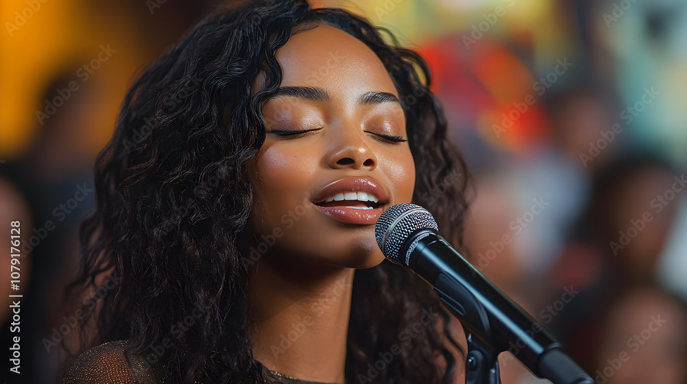 A portrait of an attractive young Black woman with long, curly hair, exuding confidence and elegance. Her natural beauty is highlighted in this close-up shot, showcasing her radiant skin and vibrant e A portrait of an attractive young Black woman with long, curly hair, exuding confidence and elegance. Her natural beauty is highlighted in this close-up shot, showcasing her radiant skin and vibrant e