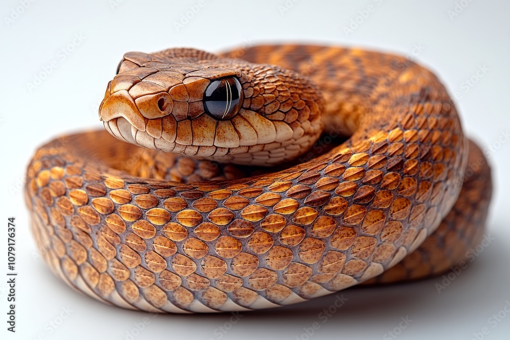 Fototapeta premium Side view of a coiled snake isolated on a pure white background. Cenerative AI