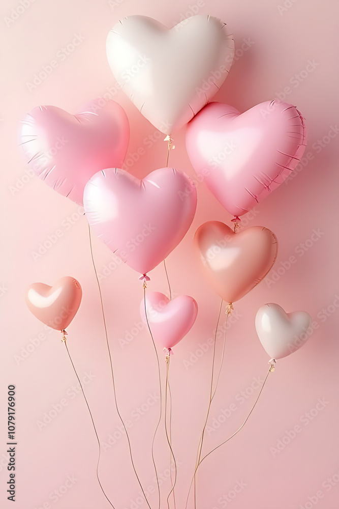 A whimsical arrangement of light heart-shaped balloons floating against a soft pastel background, creating a cheerful atmosphere A whimsical arrangement of light heart-shaped balloons floating against a soft pastel background, creating a cheerful atmosphere