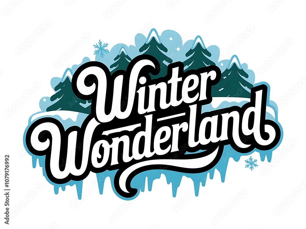 Winter Wonderland Text Graphic with Snowflakes and Pine Trees Winter Wonderland Text Graphic with Snowflakes and Pine Trees