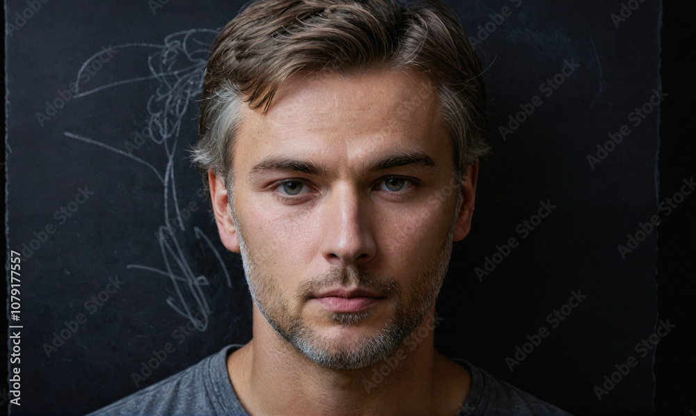 A man stares intently at the camera, standing in front of a dark, chalk-covered surface A man stares intently at the camera, standing in front of a dark, chalk-covered surface