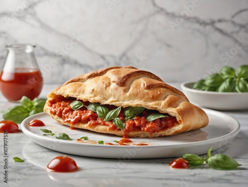 Golden Calzone on a White Marble Surface