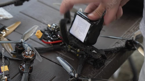 A man prepares an FPV drone before a flight