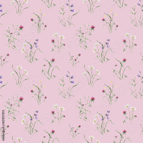 Watercolor floral seamless pattern with summer meadow flowers in botanical rustic style. Hand drawn print with bluebell, buttercup, clover, chamomile. Repeat wallpaper with leaves and plants.