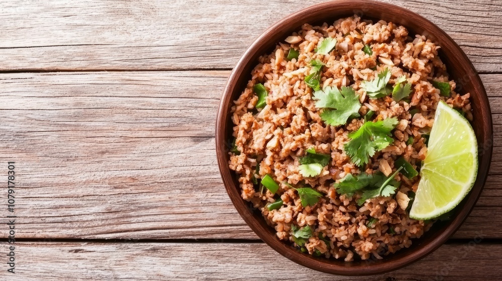 Vibrant Thai Larb Dish with Minced Meat and Fresh Herbs on Wooden Table Vibrant Thai Larb Dish with Minced Meat and Fresh Herbs on Wooden Table