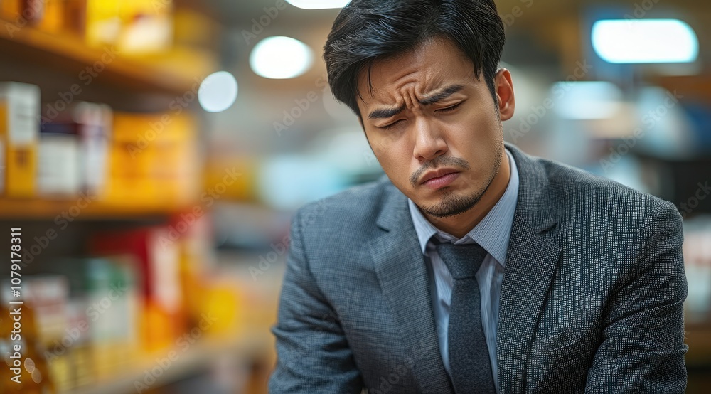 A man in a suit with a tired expression sits in a grocery store. A man in a suit with a tired expression sits in a grocery store.