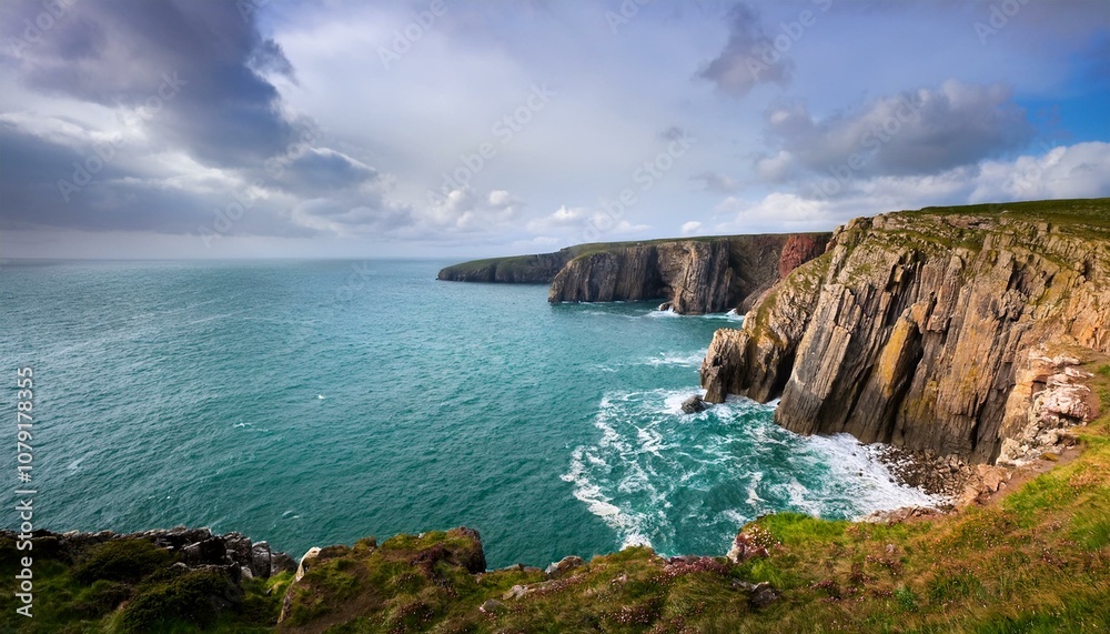 Obraz premium Waves Meet Cliffs: A Cloud-Covered Day in Pembrokeshire National Park