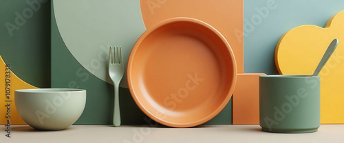 A colorful assortment of plates, bowls, spoons, and forks are laid out on a white background. The variety of colors and shapes creates a lively and cheerful atmosphere, suggesting a fun