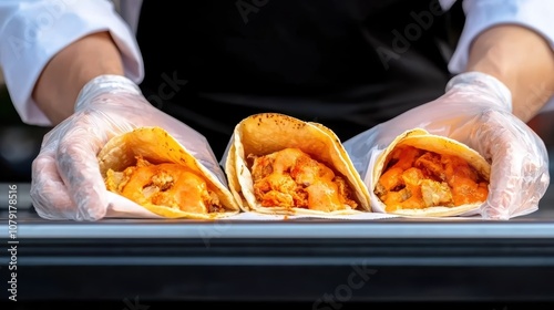 A food truck chef serves tacos to eager customers, the aroma of spices wafting through the lively street market photo