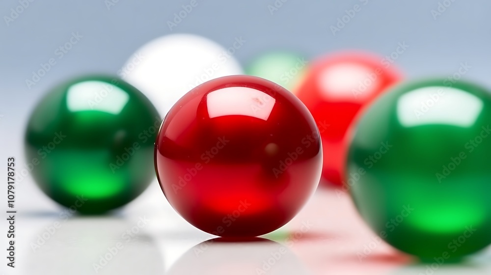 A Red Sphere with Green and White Spheres in the Background A Red Sphere with Green and White Spheres in the Background
