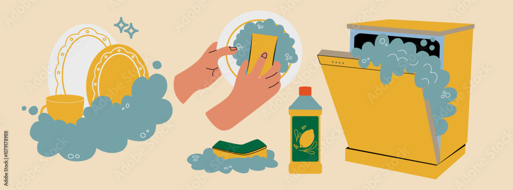 Fototapeta premium Washing dishes. Detergent, sponge, dishwasher. Hands wash the plate. A set of dishes in soap foam.