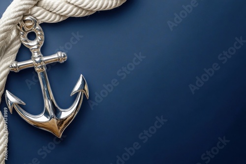 Nautical anchor on deep ocean blue background for maritime themes photo