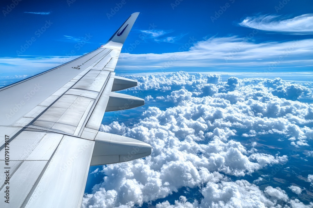 Obraz premium Breathtaking View from Airplane Window: Soaring Through the Clouds Background