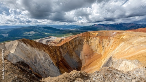 A panoramic view of a uranium mine, its vast operation spanning miles under a cloudy sky