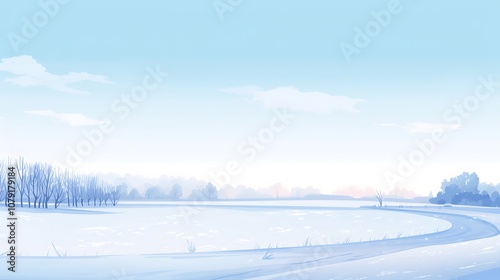 A winding road through a snowy landscape with a blue sky and white clouds