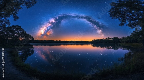 A breathtaking view of the Milky Way galaxy reflected in a still lake, framed by silhouetted trees under a starlit sky.