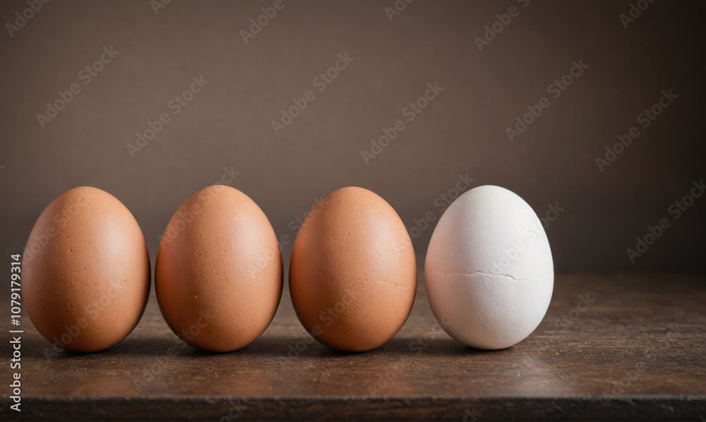 Four brown eggs and one white egg sit in a row on a wooden surface Four brown eggs and one white egg sit in a row on a wooden surface