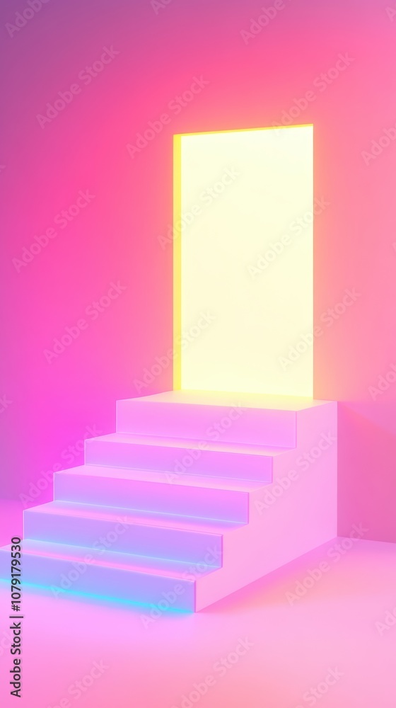Obraz premium Staircase made of glowing blocks leading up to a bright door, symbolizing progress and opportunity
