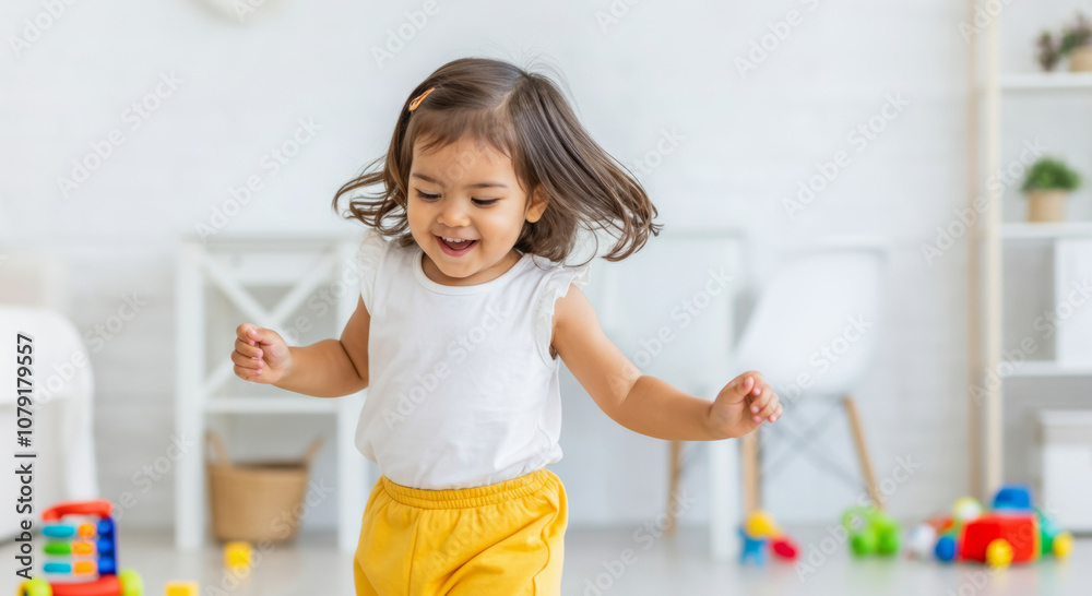 Joyful toddler playing indoors in bright, cheerful environment Joyful toddler playing indoors in bright, cheerful environment