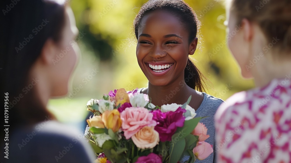Joyful Woman Holding Bouquet of Flowers and Laughing with Friends in Sunlit Park Joyful Woman Holding Bouquet of Flowers and Laughing with Friends in Sunlit Park