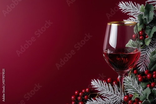 Festive winter scene with red wine and frosted pine branches on burgundy background