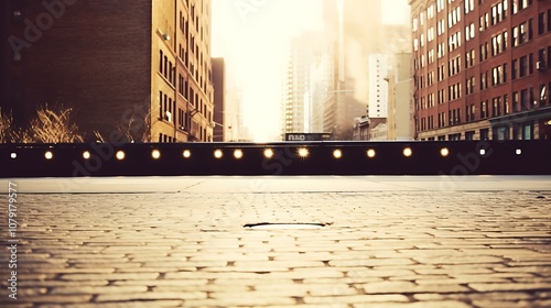 Cobblestone Street with City Buildings and Golden Sunset photo