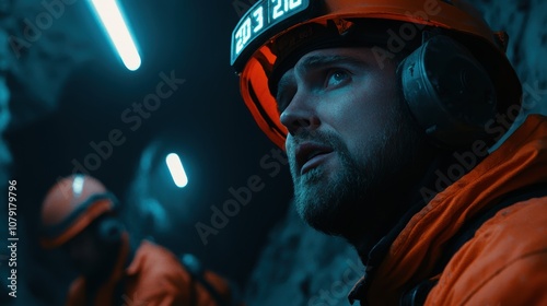 A team of miners operates drills in a narrow tunnel, their faces lit by the glow of equipment displays photo