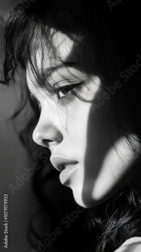 Dramatic black and white portrait of a woman in shadow