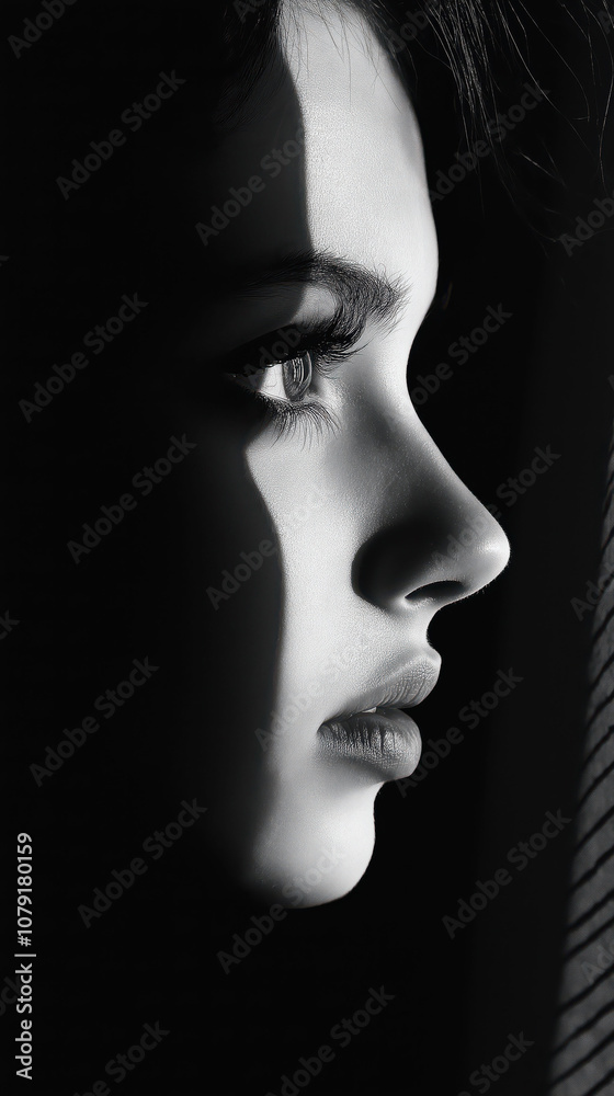 Dramatic side profile of woman in shadow and light contrast Dramatic side profile of woman in shadow and light contrast