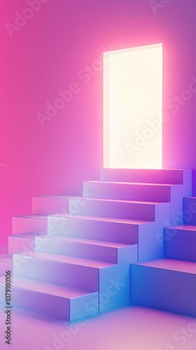 Staircase made of glowing blocks leading up to a bright door, symbolizing progress and opportunity