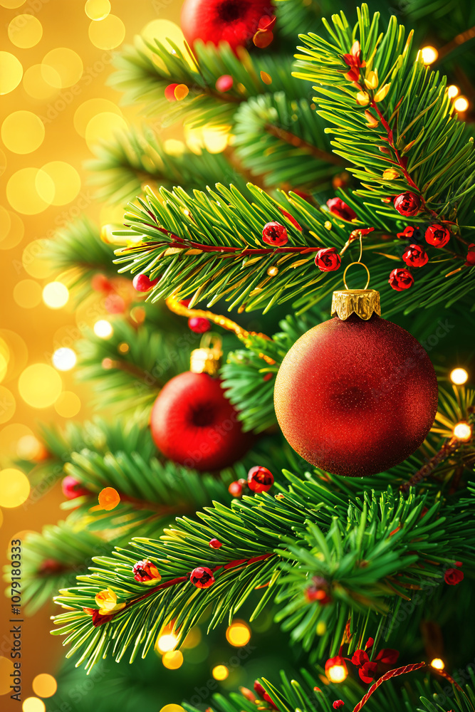 Beautifully decorated Christmas tree adorned with red and gold ornaments, including a prominent red ball at the center. The tree is set against a blurred background of golden bokeh lights, creating a