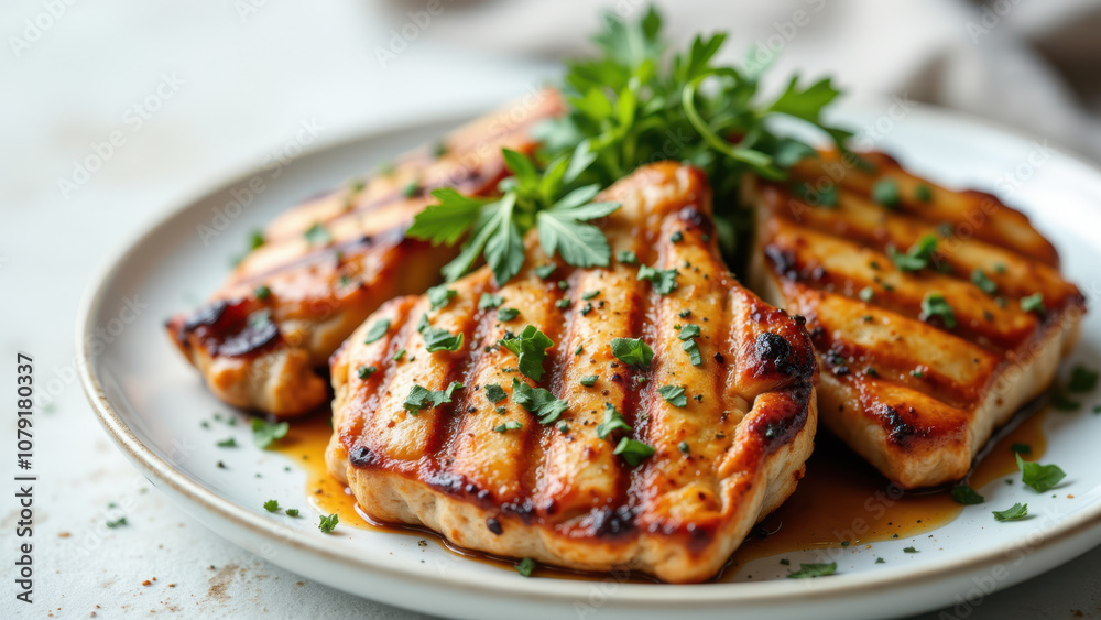 A plate of well-seasoned grilled chicken breasts with a hint of garlic garnish. A plate of well-seasoned grilled chicken breasts with a hint of garlic garnish.