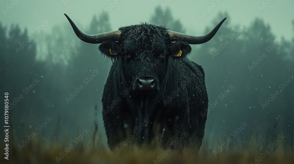 Naklejka premium A black Highland cow stands in a misty field, its thick fur glistening with moisture. The animal's piercing gaze and imposing horns create a sense of both beauty and power.