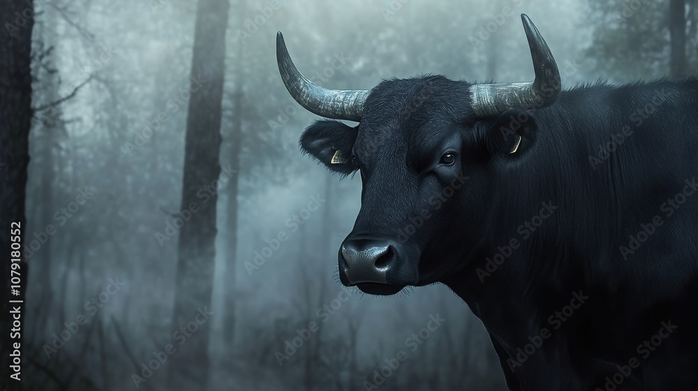 Naklejka premium A large black bull stands in a misty forest, its dark form contrasting with the ethereal light.