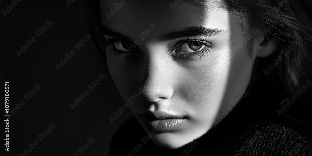 Dramatic black and white portrait with intense shadow and light play Dramatic black and white portrait with intense shadow and light play