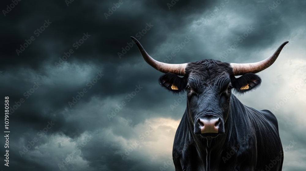 Naklejka premium A powerful black bull stares intently into the camera against a backdrop of stormy clouds. Its horns are long and sharp, and its eyes are piercing.