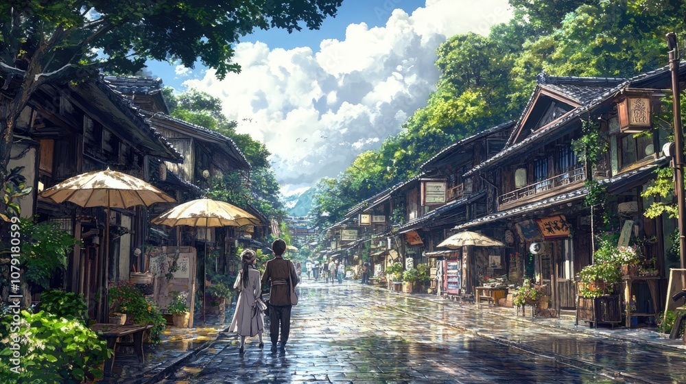 Charming Traditional Japanese Street with Lush Foliage and Wooden Architecture on a Sunny Day Charming Traditional Japanese Street with Lush Foliage and Wooden Architecture on a Sunny Day