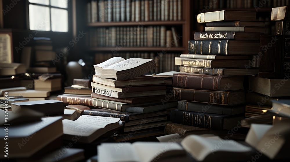 Cozy Library Ambiance: Stacks of Books in Warm Lighting Cozy Library Ambiance: Stacks of Books in Warm Lighting