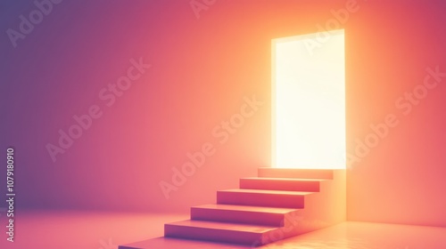 Staircase made of glowing blocks leading up to a bright door, symbolizing progress and opportunity